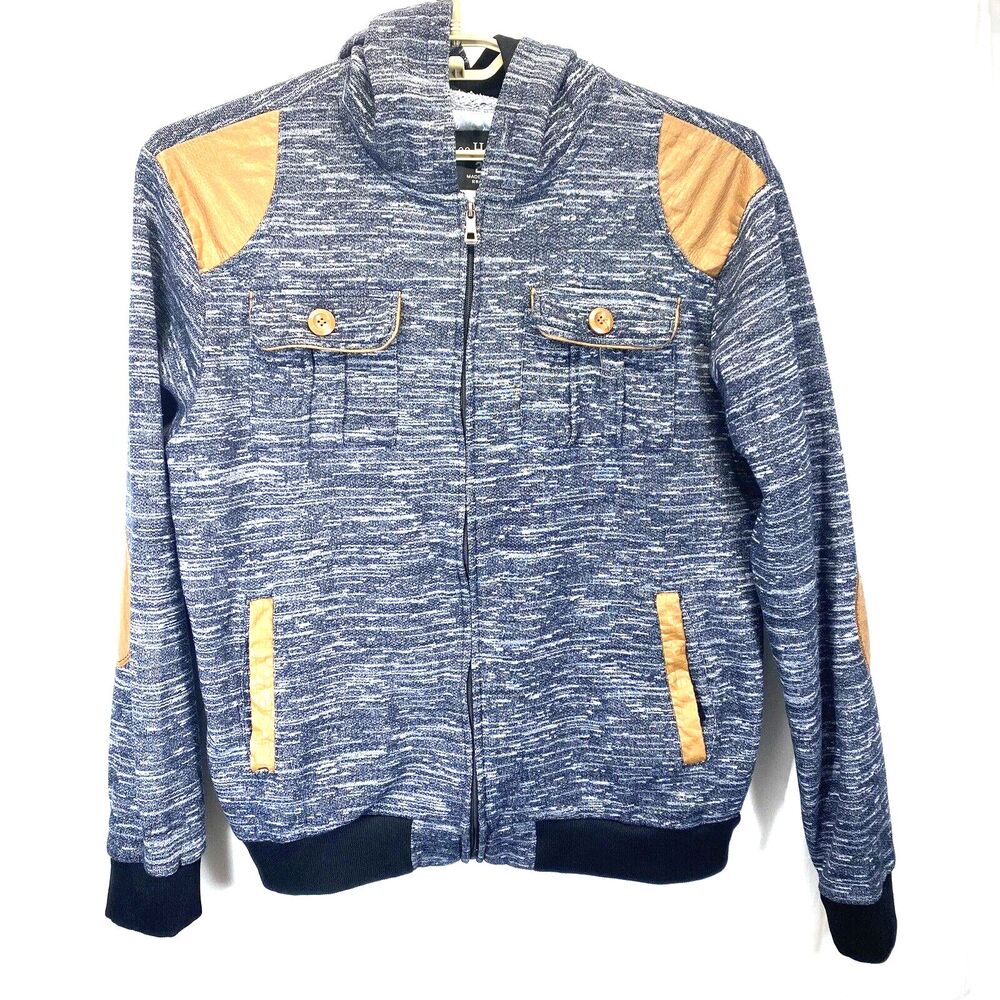 Lee Han Ton Men 2X Full Zip Hooded Faux Leather Patch Details Sweatshirt Vintage